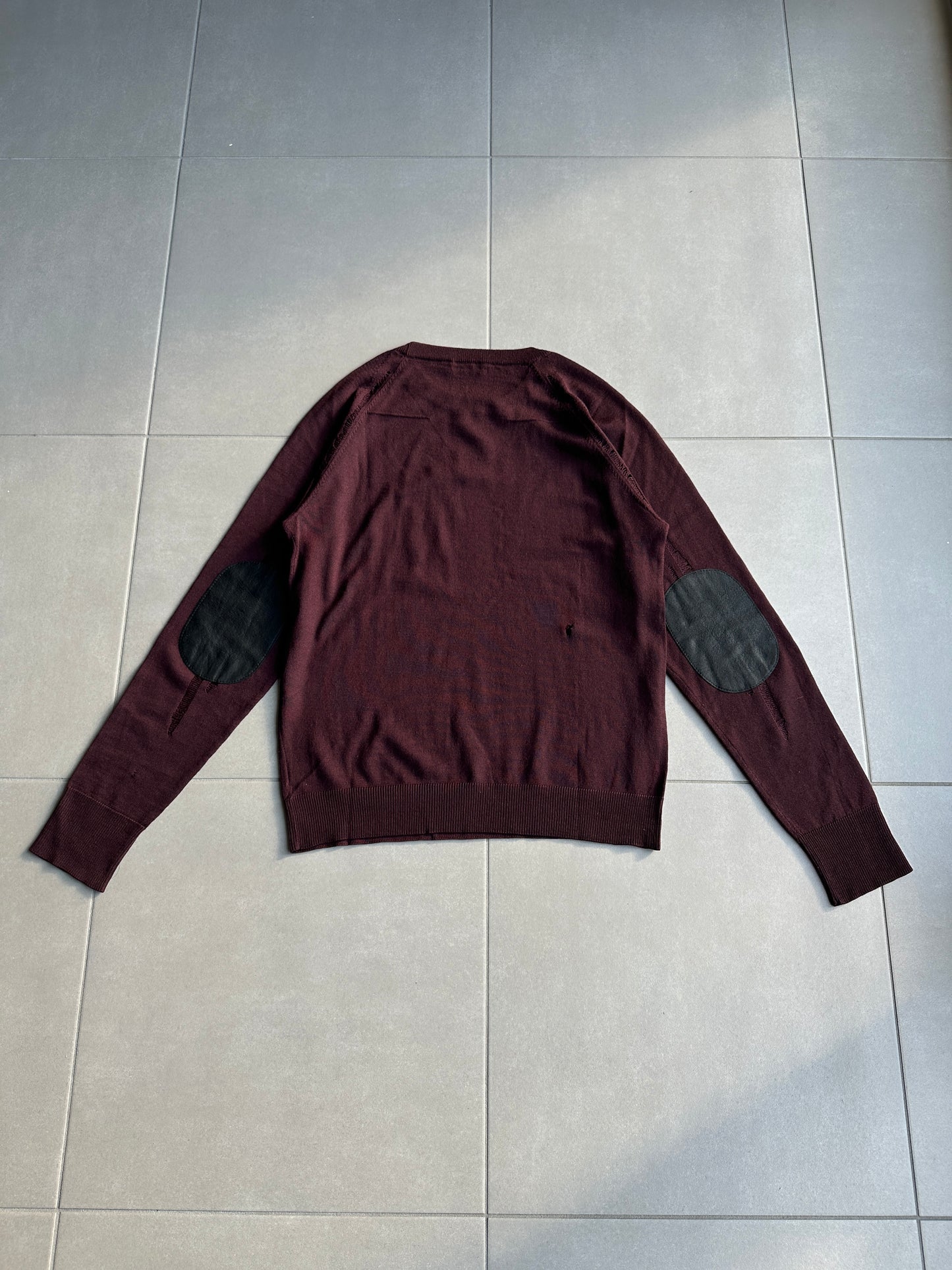Dior Homme AW04 “VOTC” runway distressed suede elbow patch sweater