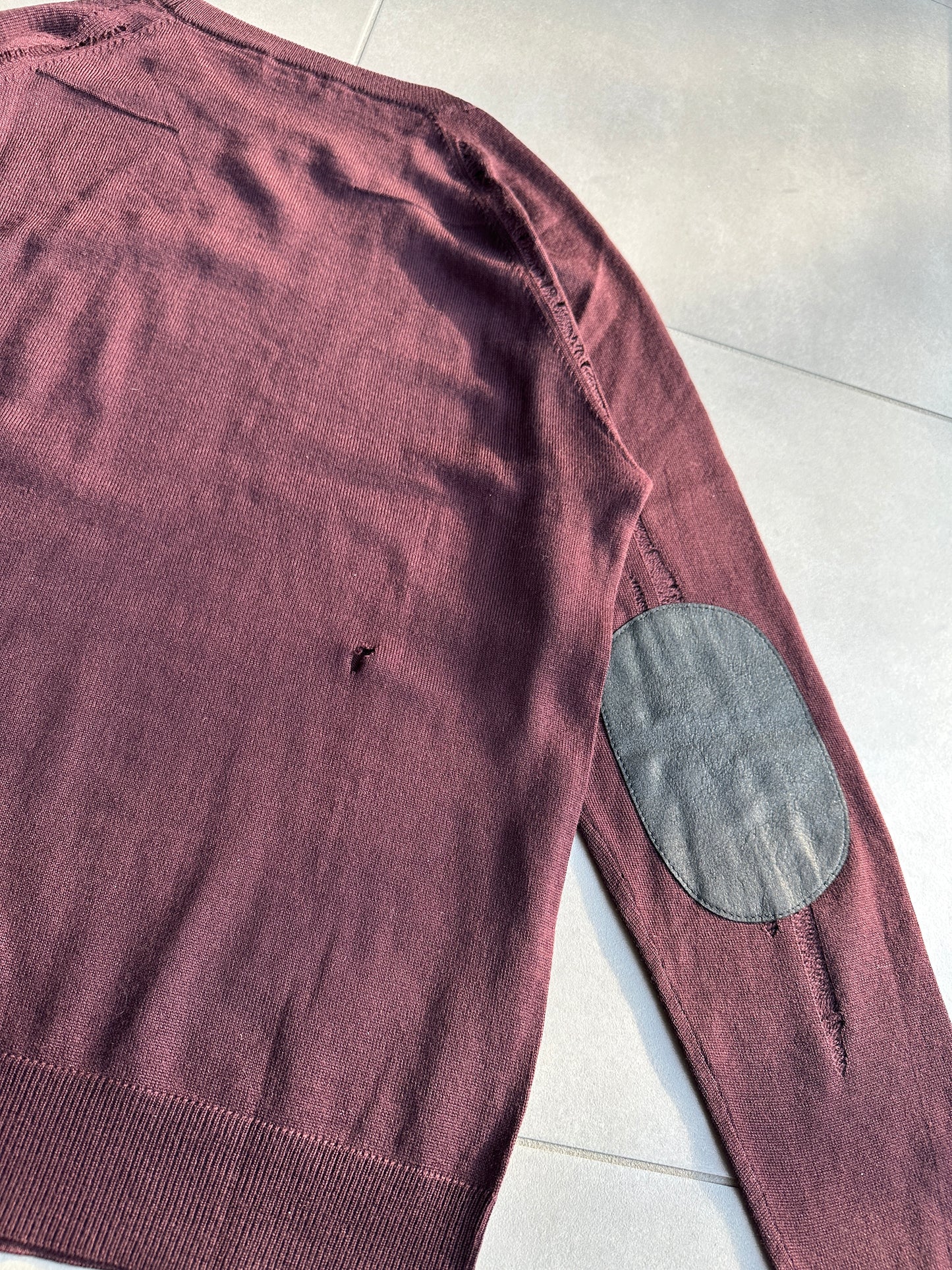 Dior Homme AW04 “VOTC” runway distressed suede elbow patch sweater