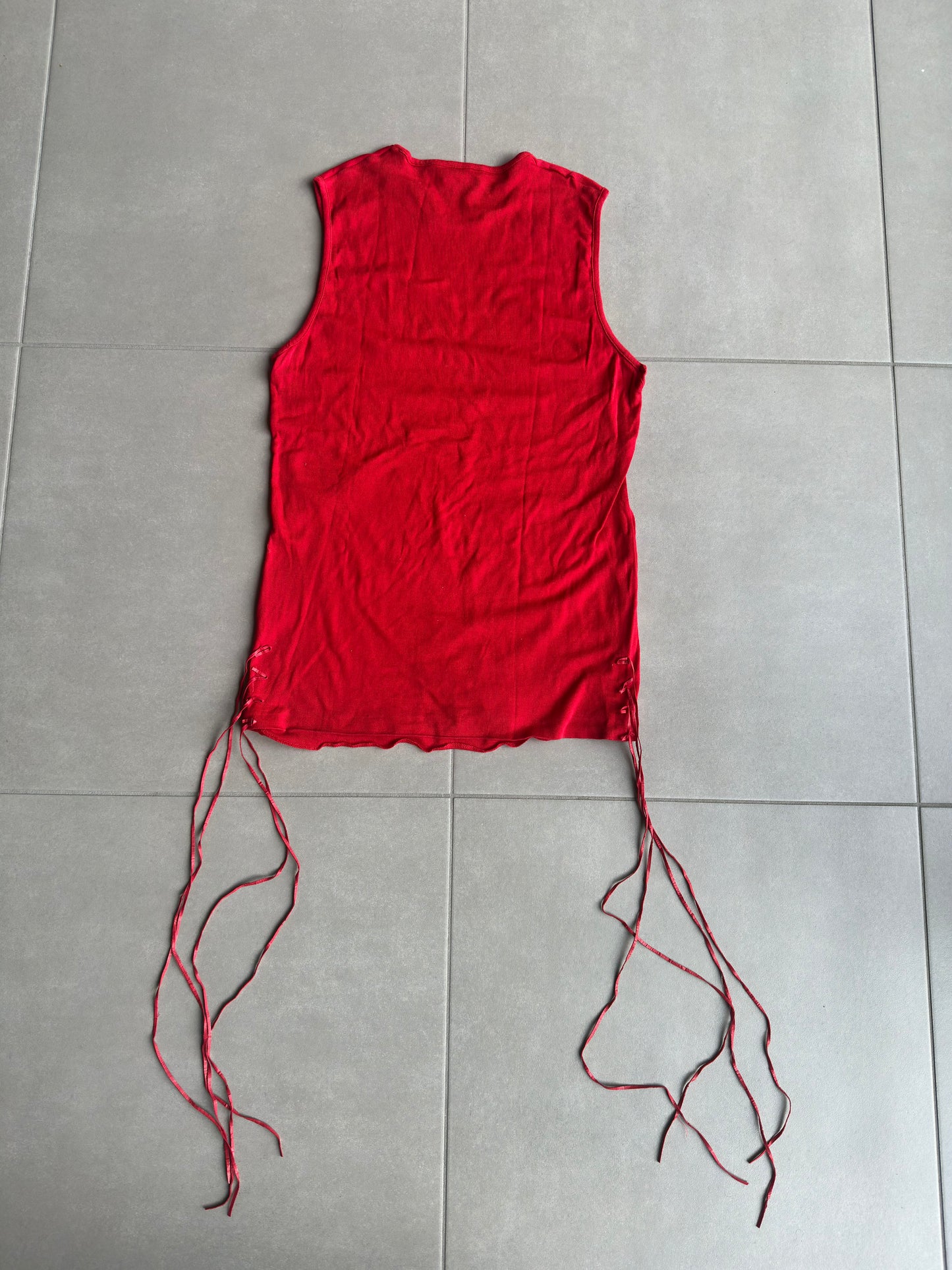 Dior Homme SS02 "red/boys don't cry" fringe tank top